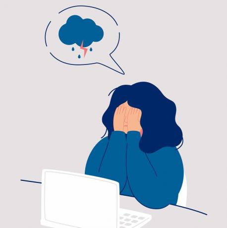 млада жена плаче покривајући лице рукама седи под кишним и олујним облацима девојка осећа главобољу и депресију плачући емоције туга векторска илустрација изолована од беле позадине