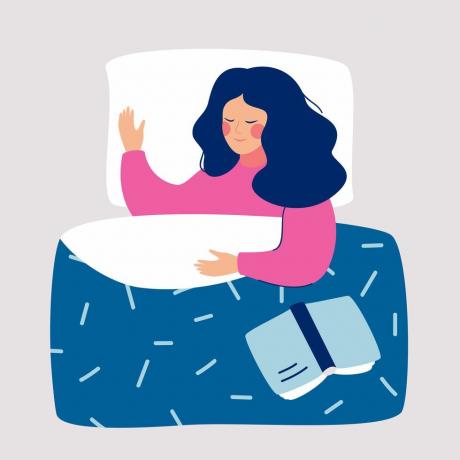 жена спава ноћу у свом кревету са векторском илустрацијом отворене књиге