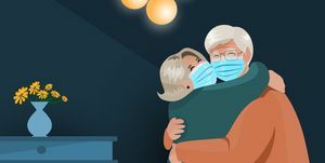 старији пар се грли заједно након карантина током пандемије ковида 19 показује старије особе које носе заштитну маску за лице како би се заштитиле од коронавируса у новом концепту нормалног живота