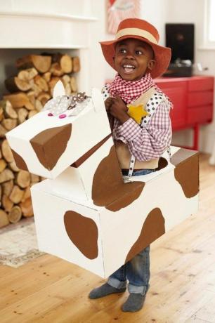 дечачић обучен као каубој са каубојским шеширом и карираном кошуљом и банданом са картонским коњем око струка