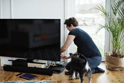 трудница која сређује каблове телевизора док клечи поред пса у дневној соби