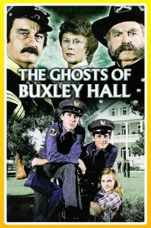 постер филма Духови из Буклеи Халл са три старија духова на врху и два кадета и девојка на дну са школом у позадини